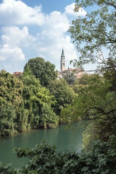Brembo river in Ponte San Pietro, Bergamo, Italy. Italian landscapes. Ponte San Pietro (BG), ITALY - August 27, 2020.