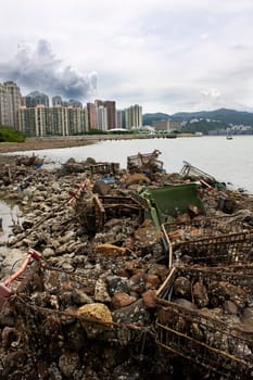 Garbage piled up on the coast of the ocean
