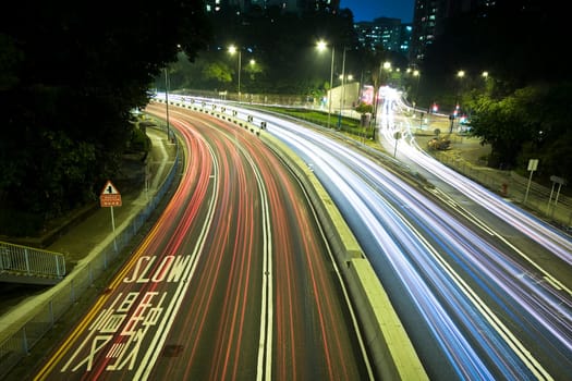 Modern Urban City with Freeway Traffic at Night, hong kong
