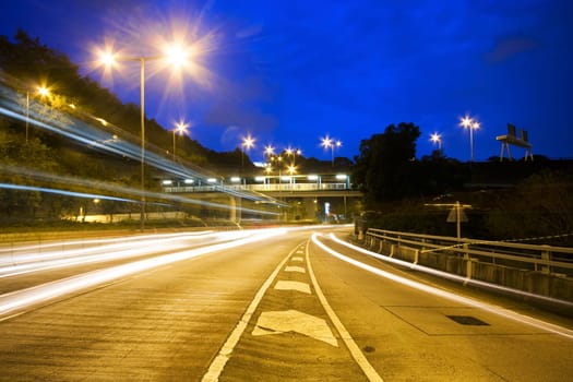 Modern Urban City with Freeway Traffic at Night, hong kong