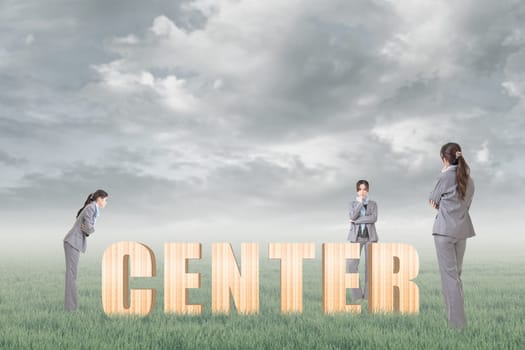 Concept of focus, point, center etc with 3d wooden text and businesswoman under copyspace sky. The Asian woman is the same one.