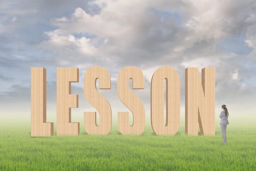 Concept of tip, advice, conference etc with 3d text under sky on the outdoor grassland and one Asian business woman thinking about it.