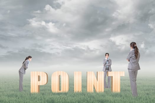 Concept of focus, point, center etc with 3d wooden text and businesswoman under copyspace sky. The Asian woman is the same one.