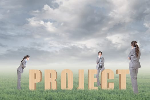 Concept of strategy, plan, idea etc with 3d wooden text and businesswoman under copyspace sky. The Asian woman is the same one.