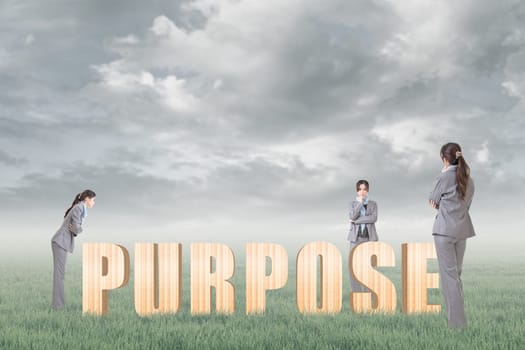Concept of focus, point, center etc with 3d wooden text and businesswoman under copyspace sky. The Asian woman is the same one.