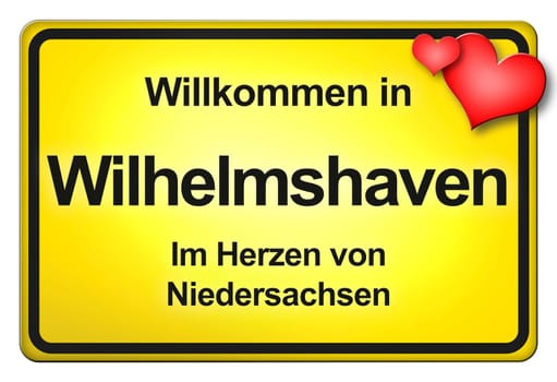 A yellow entrance sign with friendly welcome - Welcome