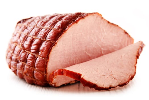 Piece of ham isolated on white background. Meatworks product