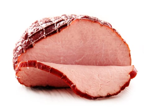 Piece of ham isolated on white background. Meatworks product