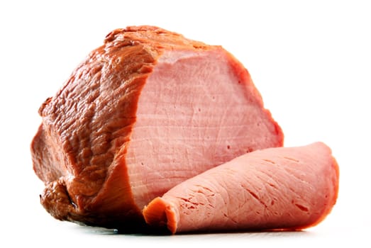Piece of ham isolated on white background. Meatworks product