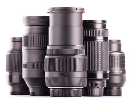Composition with photo zoom lenses isolated on white background