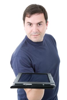 young casual man showing with a tablet, isolated