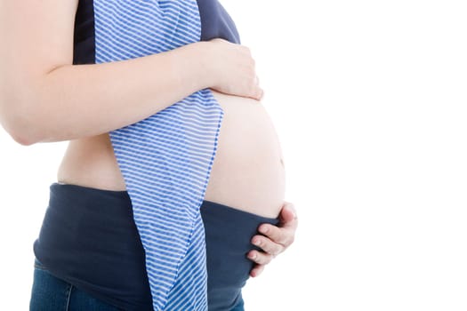 Closeup of pregnant woman at white background