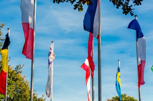International flags fly in the wind in front of a blue sky.