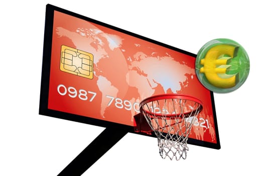 credit card on a basketball panel with a euro 3d in a green chrome sphere