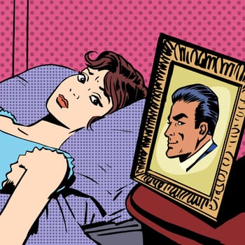 The woman in the bed next photo men wife husband pop art comics retro style Halftone. Imitation of old illustrations. Anxiety, sadness emotions