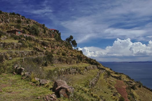 A view of the terraces on Taquile Island, Lake Titicaca, Peru, South America