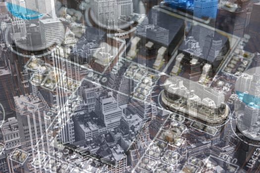 Collage - blending of two images: Aerial view of Midtown Manhattan (New York City)  and closeup view of computer motherboard.