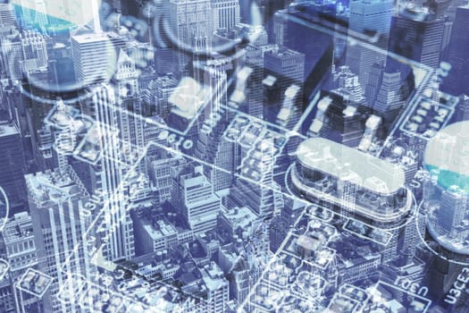 Collage - blending of two images: Aerial view of Midtown Manhattan (New York City)  and closeup view of computer motherboard. All in blue shades.