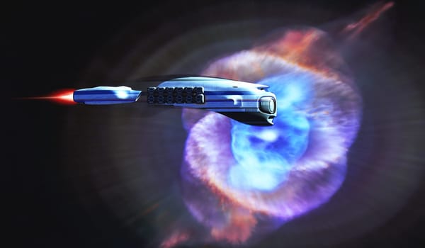 A spacecraft from Earth passes by the Cat's Eye Nebula on an exploratory mission.