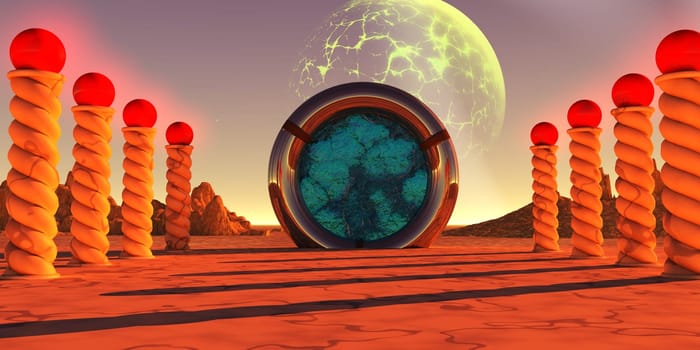 A portal device on an alien planet is activated to send travelers on a journey to another world.