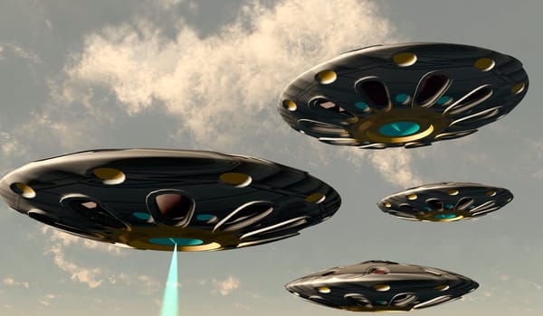 A plasma beam shoots down through the clouds from one of a convoy of flying saucers.