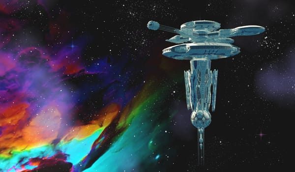 A sophisticated research station studies a nearby nebula and interstellar space.