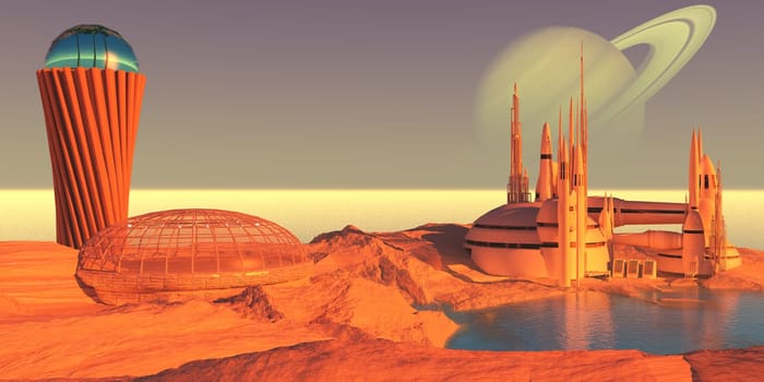 A dome, building and tower on Saturn's moon Enceladus is the start of a colony in the Outer Solar System.