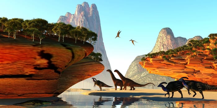 A Kaprosuchus reptile slinks into a river as Alamosaurus and Parasaurolophus dinosaurs come for a drink.