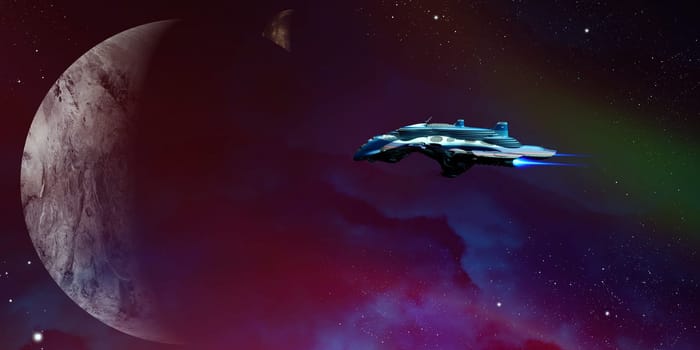 A starship nears an alien planet and its moon on an exploratory visit.