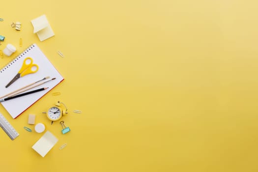 Back to school conceptual flat lay with different office supply objects and copy space area for text. Concept for primary and secondary school pupil. High quality photo