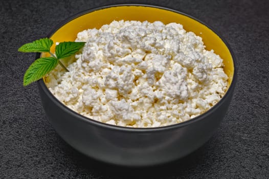 Close-up of a plate with cottage cheese decorated with herbs on the table.