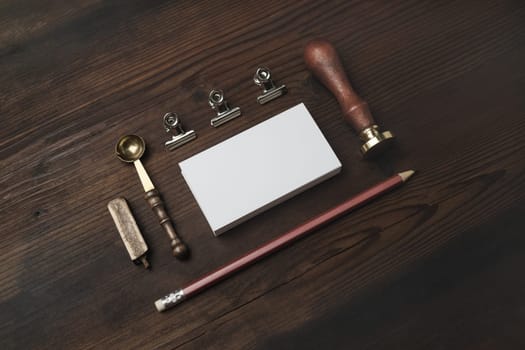 Blank vintage stationery set on wooden background. Template for branding identity. For graphic designers presentations and portfolios.