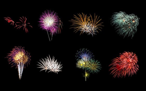 Eight colorful fireworks on black background