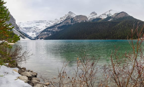 Early winter view of St. Piran Mountain in Lake Louise in Banff National Park, Alberta, Canada