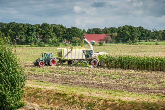 Esens, Germany - October 07, 2020: Distant view of two perfectly working together corn harvesters consisting of a corn chopper and a tractor with a tipping trailer under a cloudy sky.