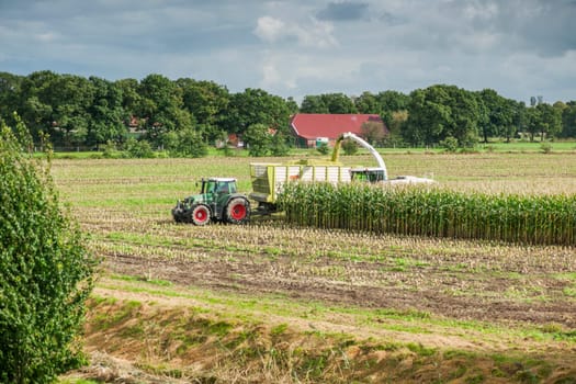 Esens, Germany - October 07, 2020: Distant view of two perfectly working together corn harvesters consisting of a corn chopper and a tractor with a tipping trailer under a cloudy sky.