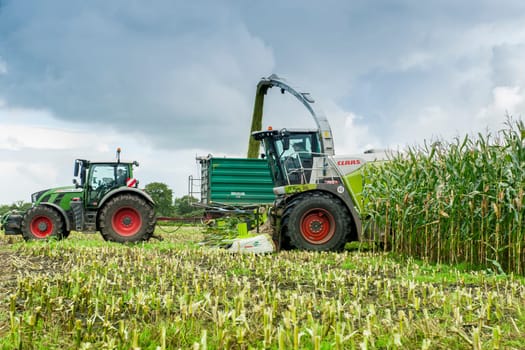 Esens, Germany - October 07, 2020: Side view of two perfectly working together corn harvesters consisting of a corn chopper and a tractor with a tipping trailer under a heavily cloudy sky.