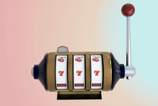 3d illustration. Front view ,  Slot machine and one arm bandit on pastel background .