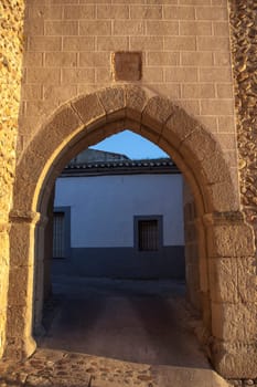 Galisteo, beautiful walled town from Alagon Valley. Puerta de la Villa, west enclosure. Extremadura, Spain