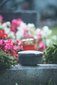 Holy water in iron bowl, cemetery