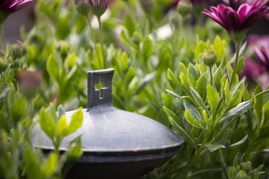 Close up of iron holy water bowl on a cemetery