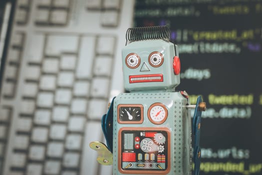Symbol for a chatbot or social bot and algorithms, program code in the background