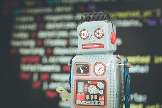 Symbol for a chatbot or social bot and algorithms, program code in the background