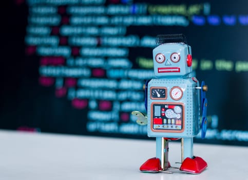 Symbol for a chatbot or social bot and algorithms, program code in the background