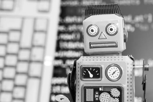 Symbol for a chatbot or social bot and algorithms, program code in the background