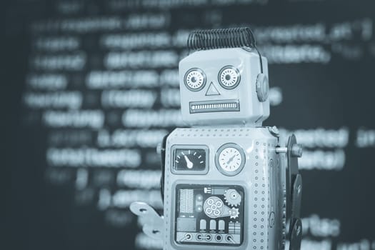 Symbol for a chatbot or social bot and algorithms, program code in the background