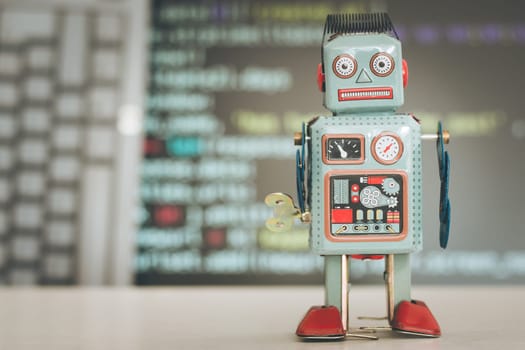 Symbol for a chatbot or social bot and algorithms, program code in the background