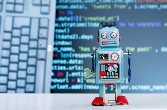 Symbol for a chatbot or social bot and algorithms, program code in the background
