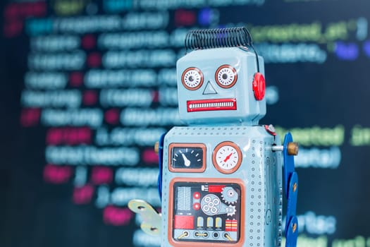 Symbol for a chatbot or social bot and algorithms, program code in the background