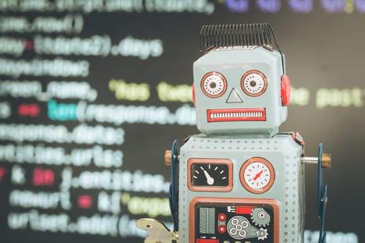 Symbol for a chatbot or social bot and algorithms, program code in the background
